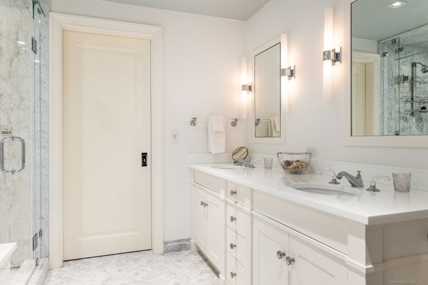 Bathroom, Dual Sink Vanities, Glass Shower, Interior, Marble, Marble Walls