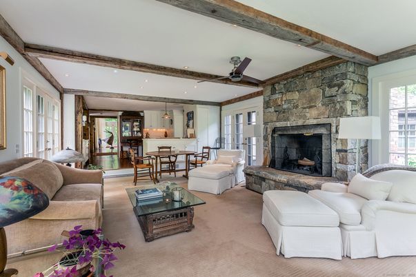 Dining room, Fireplace, Interior, Living room, Pendant Lights, Recessed Lighting, Stone Walls