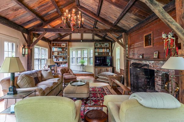 Chandelier, Fireplace, Interior, Living room, Wooden Beams, Wooden Ceilings, Wood Texture Flooring