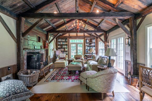 Chandelier, Fireplace, Interior, Living room, Wooden Beams, Wooden Ceilings, Wood Texture Flooring