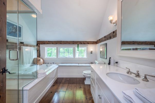 Bathroom, Dual Sink Vanities, Glass Shower, Interior, Wood Texture Flooring