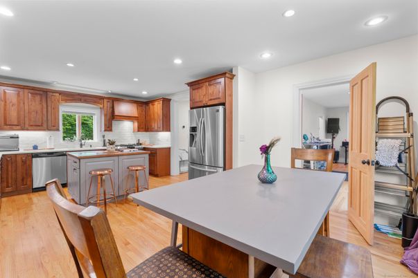 Interior, Kitchen, Recessed Lighting, Stainless Steel Appliances, Wood Texture Flooring