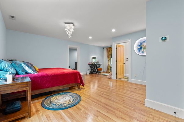 Bedroom, Chandelier, Interior, Recessed Lighting, Wood Texture Flooring