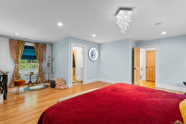 Bedroom, Chandelier, Interior, Recessed Lighting, Wood Texture Flooring