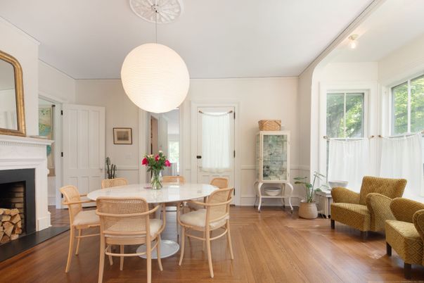 Dining room, Fireplace, Interior, Pendant Lights, Wood Texture Flooring