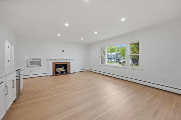 Empty room, Fireplace, Interior, Recessed Lighting, Wood Texture Flooring