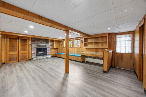 Fireplace, Interior, Recessed Lighting, Stone Walls, Wood Texture Flooring, Wooden Walls