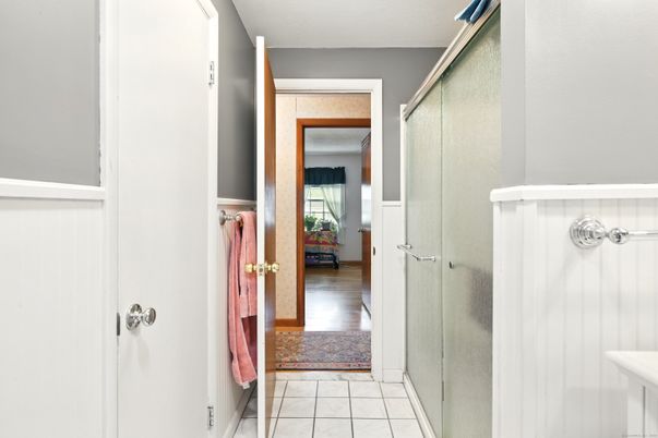 Bathroom, Glass Shower, Interior, Wood Texture Flooring