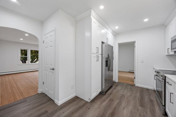 Interior, Kitchen, Recessed Lighting, Stainless Steel Appliances, Wood Texture Flooring