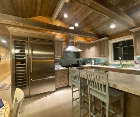 Interior, Kitchen, Recessed Lighting, Stainless Steel Appliances, Wooden Beams, Wooden Ceilings, Wood Texture Flooring
