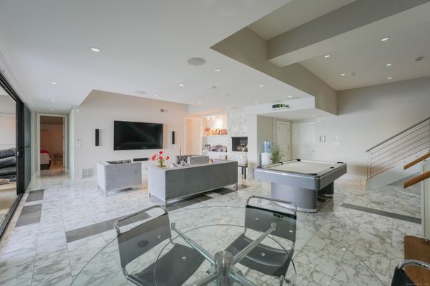 Billiard Table, Fireplace, Game Room, Interior, Living room, Marble, Recessed Lighting