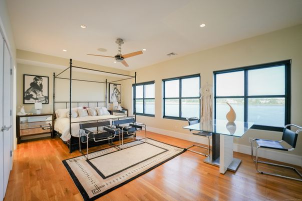 Bedroom, Dining room, Interior, Recessed Lighting, Water, Wood Texture Flooring