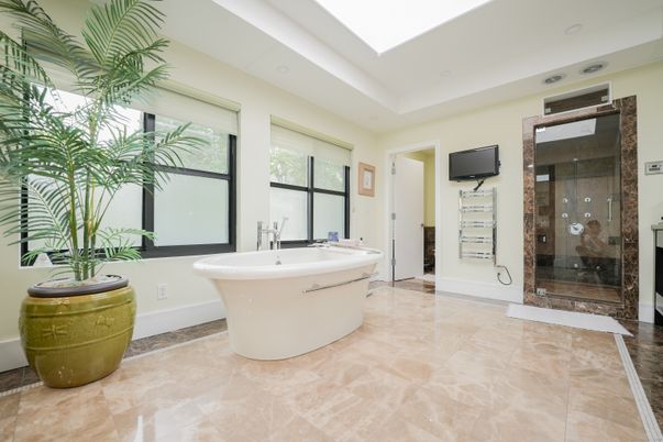 Bathroom, Free Standing Baths, Glass Shower, Interior, Recessed Lighting