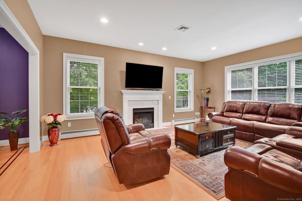 Fireplace, Interior, Living room, Recessed Lighting, Wood Texture Flooring