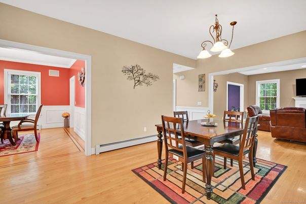 Dining room, Interior, Living room, Pendant Lights, Recessed Lighting, Wood Texture Flooring