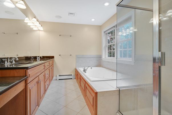 Bathroom, Dual Sink Vanities, Glass Shower, Interior, Recessed Lighting