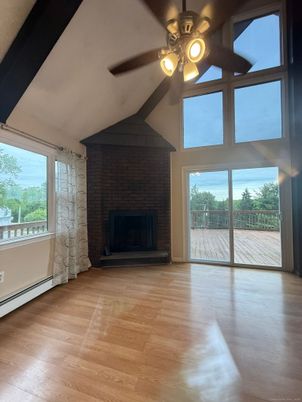 Empty room, Fireplace, Interior, Stone Walls, Wood Texture Flooring