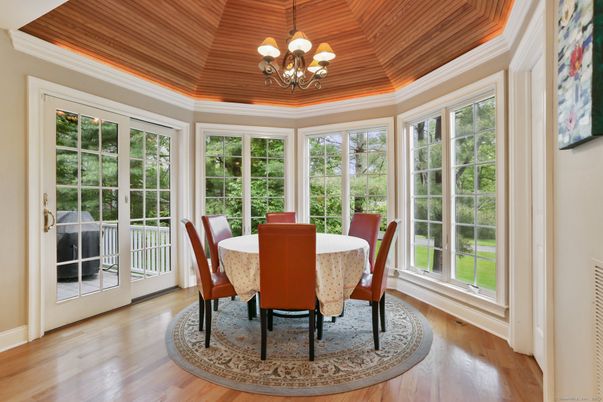 Chandelier, Dining room, Interior, Sun Room, Wooden Ceilings, Wood Texture Flooring