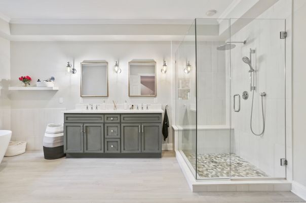 Bathroom, Dual Sink Vanities, Glass Shower, Interior, Wood Texture Flooring