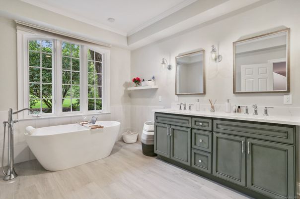 Bathroom, Dual Sink Vanities, Free Standing Baths, Interior, Wood Texture Flooring