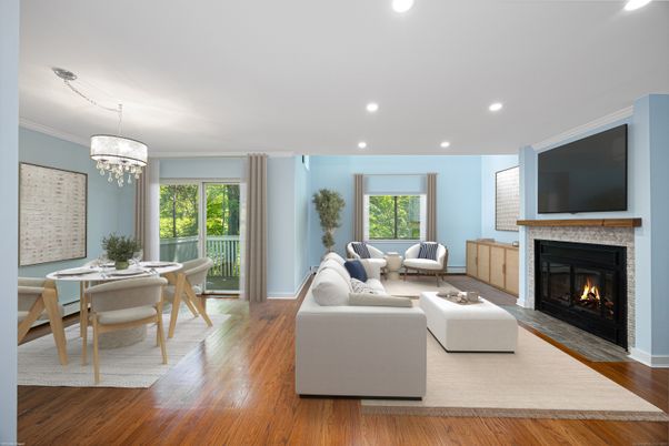 Chandelier, Dining room, Fireplace, Interior, Living room, Recessed Lighting, Wood Texture Flooring