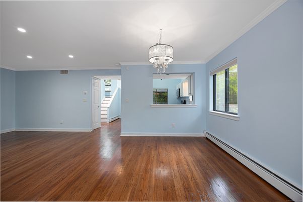 Chandelier, Empty room, Interior, Recessed Lighting, Wood Texture Flooring