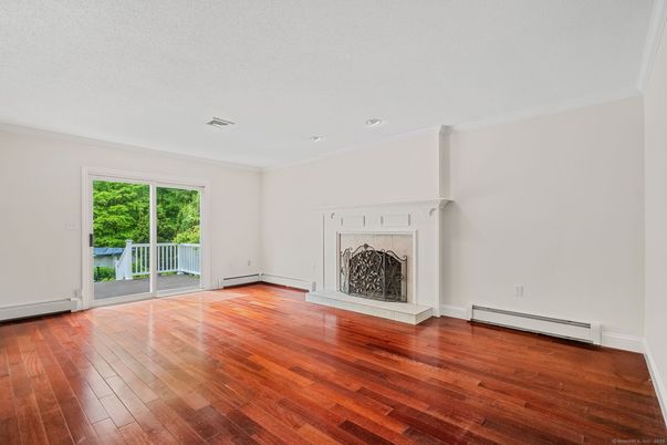 Empty room, Fireplace, Interior, Recessed Lighting, Wood Texture Flooring