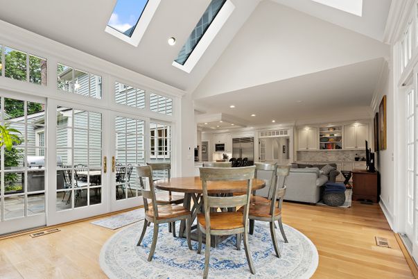 Dining room, Glass Ceilings, Interior, Living room, Recessed Lighting, Wood Texture Flooring