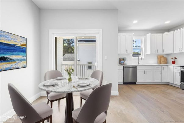 Dining room, Interior, Kitchen, Recessed Lighting, Stainless Steel Appliances, Wood Texture Flooring