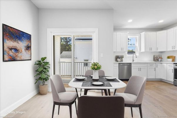 Dining room, Interior, Kitchen, Recessed Lighting, Stainless Steel Appliances, Wood Texture Flooring
