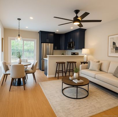 Dining room, Interior, Kitchen, Living room, Pendant Lights, Recessed Lighting, Stainless Steel Appliances, Wood Texture Flooring
