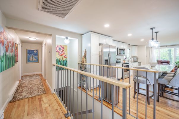 Dining room, Interior, Kitchen, Pendant Lights, Recessed Lighting, Stainless Steel Appliances, Wood Texture Flooring