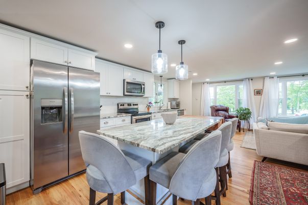 Interior, Kitchen, Living room, Pendant Lights, Recessed Lighting, Stainless Steel Appliances, Wood Texture Flooring