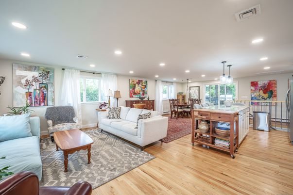 Dining room, Interior, Living room, Pendant Lights, Recessed Lighting, Wood Texture Flooring