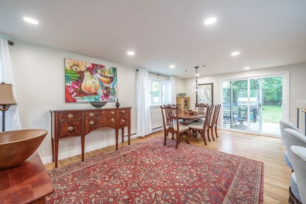 Dining room, Interior, Pendant Lights, Recessed Lighting, Wood Texture Flooring