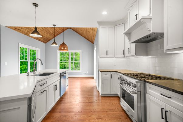 Interior, Kitchen, Pendant Lights, Recessed Lighting, Stainless Steel Appliances, Wood Texture Flooring