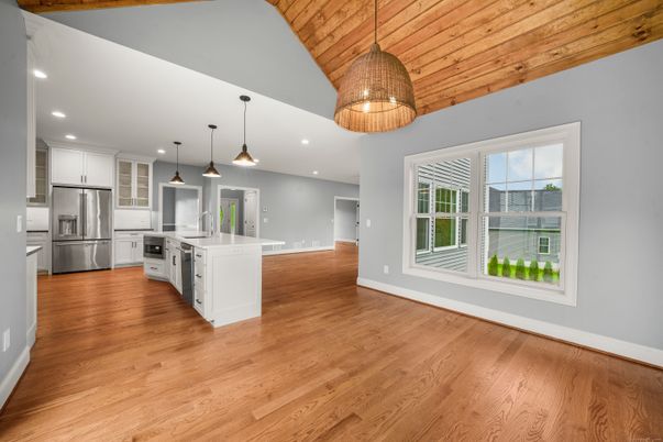 Interior, Kitchen, Pendant Lights, Recessed Lighting, Stainless Steel Appliances, Wooden Ceilings, Wood Texture Flooring