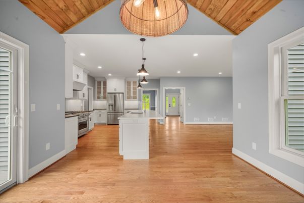 Interior, Kitchen, Pendant Lights, Recessed Lighting, Stainless Steel Appliances, Wooden Ceilings, Wood Texture Flooring