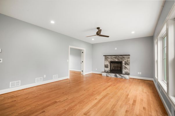 Empty room, Fireplace, Interior, Recessed Lighting, Wood Texture Flooring
