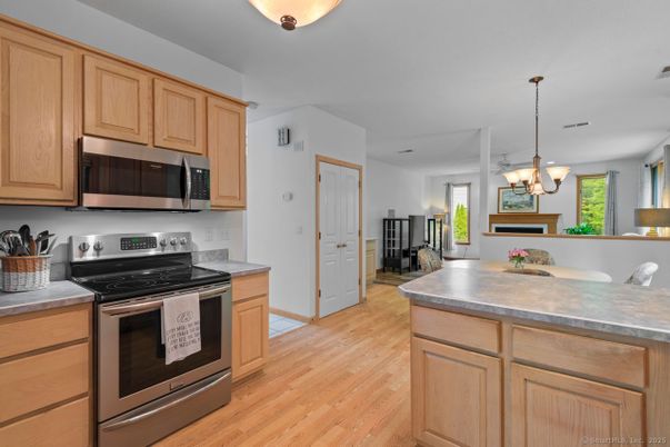 Interior, Kitchen, Pendant Lights, Stainless Steel Appliances, Wood Texture Flooring