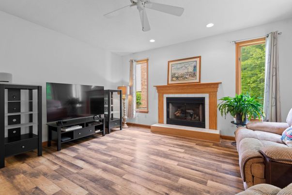 Fireplace, Interior, Recessed Lighting, Wood Texture Flooring