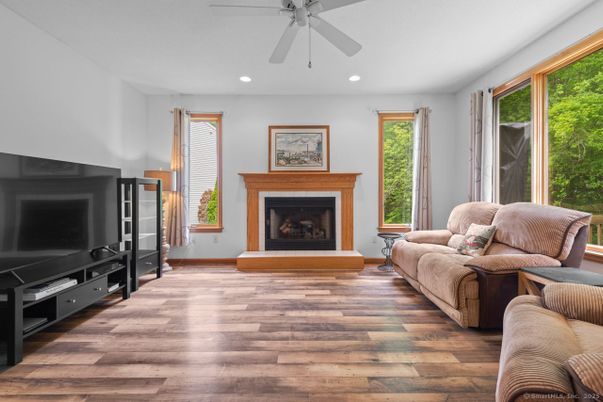 Fireplace, Interior, Living room, Recessed Lighting, Wood Texture Flooring