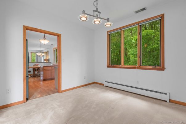 Dining room, Empty room, Interior, Pendant Lights, Wood Texture Flooring
