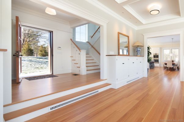 Dining room, Interior, Pendant Lights, Recessed Lighting, Wood Texture Flooring