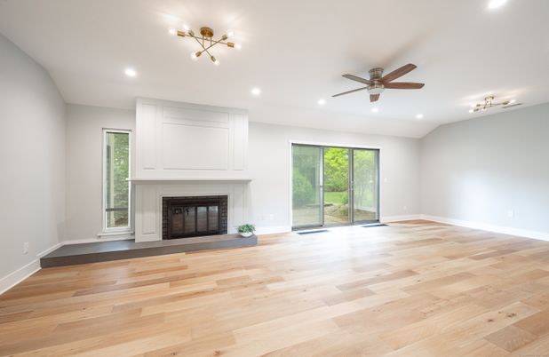 Empty room, Fireplace, Interior, Recessed Lighting, Wood Texture Flooring