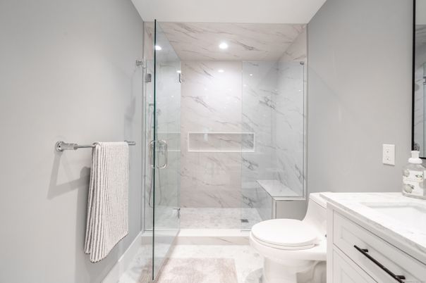 Bathroom, Glass Shower, Interior, Marble, Marble Walls, Recessed Lighting
