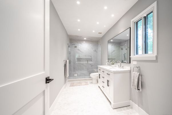 Bathroom, Glass Shower, Interior, Marble, Marble Walls, Recessed Lighting