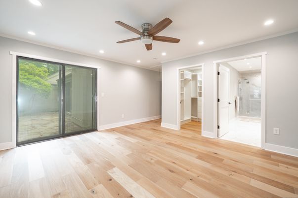 Bathroom, Empty room, Glass Shower, Interior, Recessed Lighting, Wood Texture Flooring