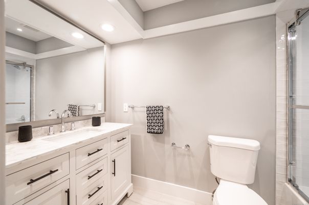 Bathroom, Glass Shower, Interior, Recessed Lighting, Wood Texture Flooring