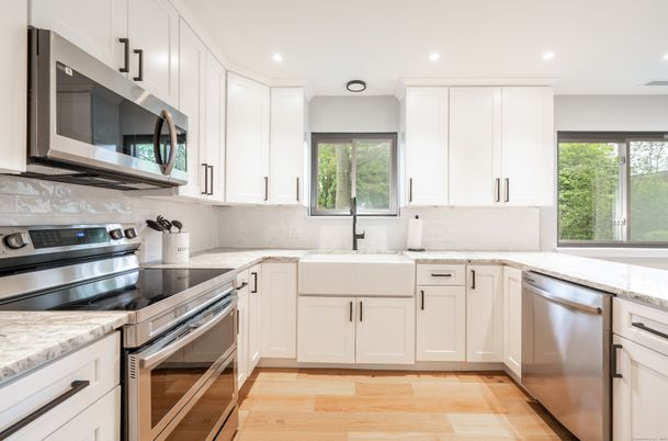 Interior, Kitchen, Recessed Lighting, Stainless Steel Appliances, Wood Texture Flooring